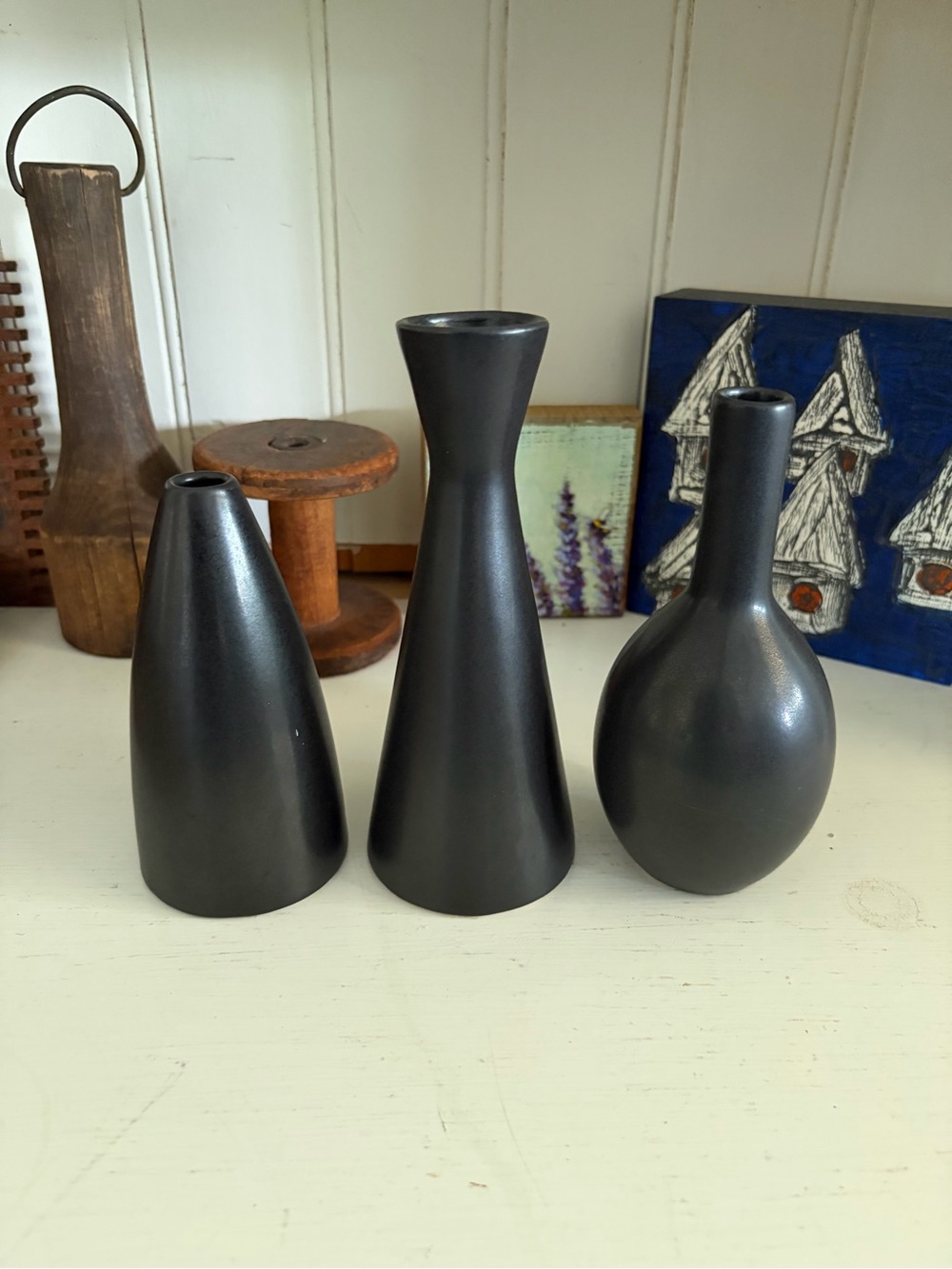 Jonathan Adler Matte Black Decorative Ceramic Bud Vase Set of 3